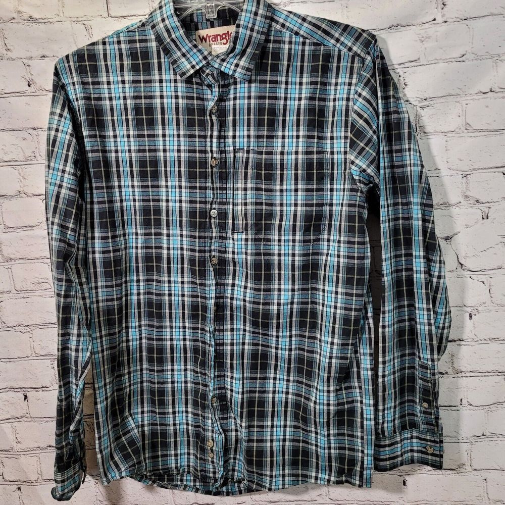 Wrangler Button Down Shirt Mens LT Blue Black Plaid Rugged Wear Stretch‎ RWL15BK